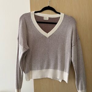 Striped V-Neck Sweater - Tan and Cream